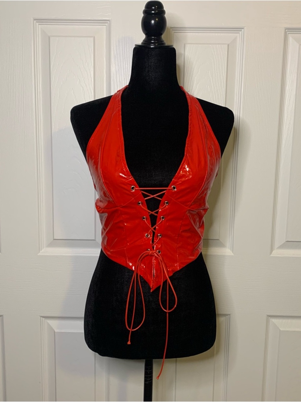 Red SXY Lace-Up Vinyl Latex Halter Top